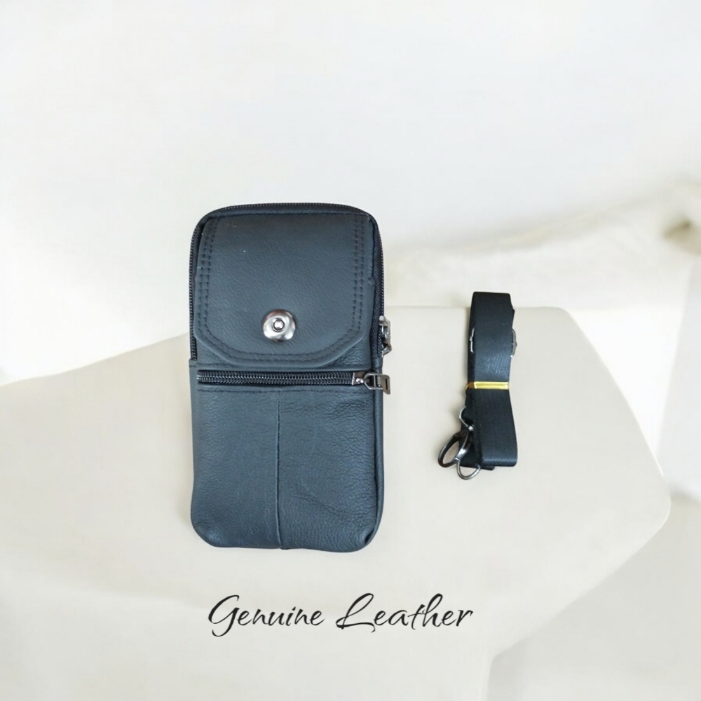 Black Genuine Leather Cell Phone Holster/Pouch with Belt Loop & Optional Strap